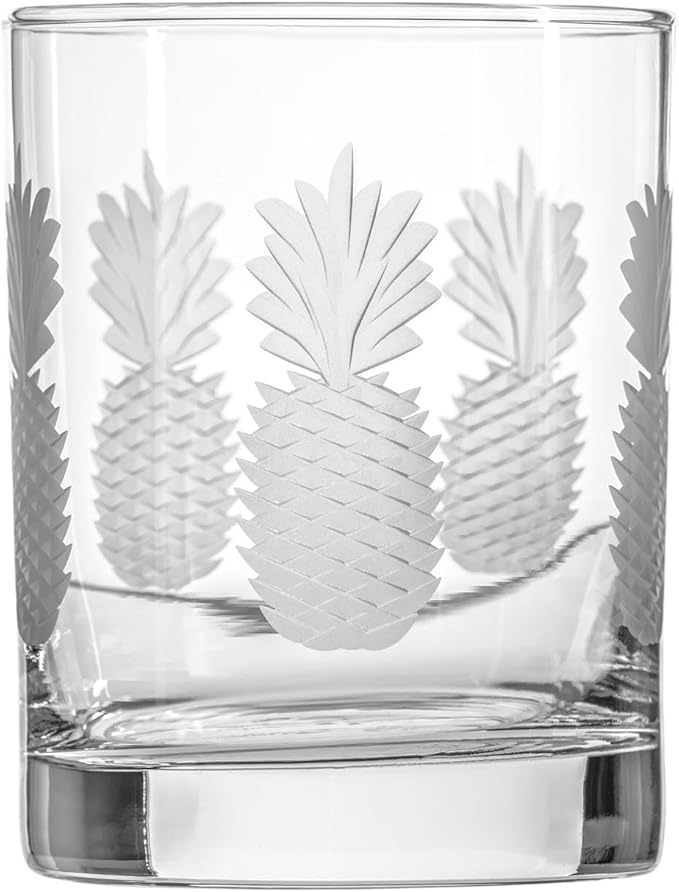Rolf Glass Fresh Pineapple Double Old Fashioned Glass | 13oz Etched Whiskey Tumblers | Lead-Free and Diamond-Wheel Engraved | Made in the US | Tropical Etched Pineapple Design | Set of 4