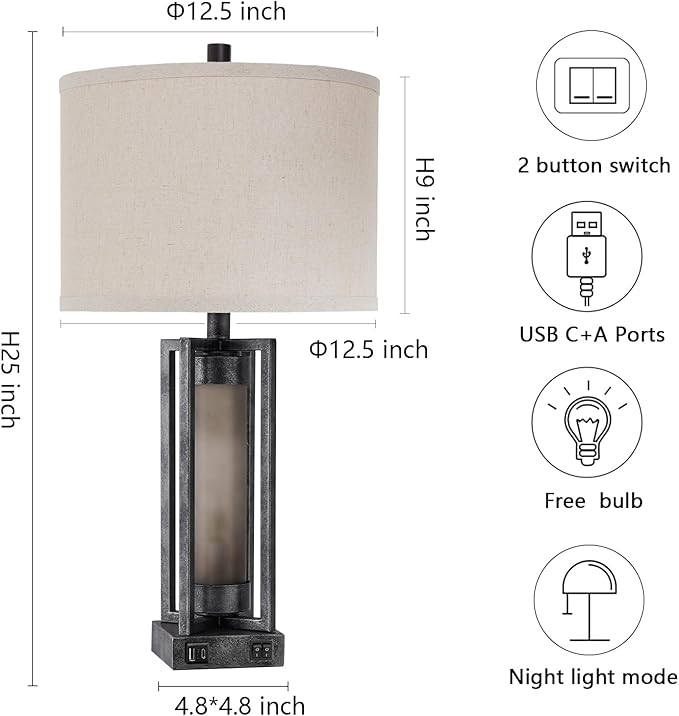 RORIANO Set of 2 Industrial Table Lamps for Living Room with USB C+A, Vintage End Table Lamp for Bedroom with Gray Nightlight, Farmhouse Rustic Desk Lamp for Bedside, 4 Bulbs Included (Iron Gray)