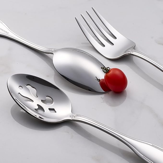 45 Pieces Silverware Set with Serving Utensils, Stainless Steel Flatware Serving Set for 8, Dinnerware Cutlery Set, Shell Pattern & Mirror Polished, Dishwasher Safe