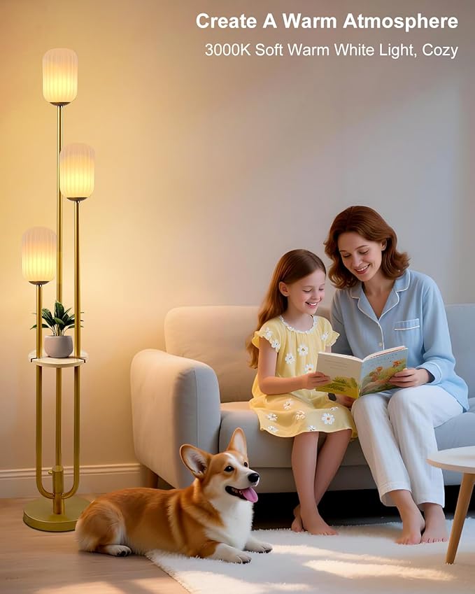 Lightdot Gold Dimmable Floor Lamp with Shelf, Modern Floor Lamps with Oval Striped Lampshade 3000K Soft Warm White 3-Lights Candle Holder Style Tall Lamp for Living Room/Bedroom