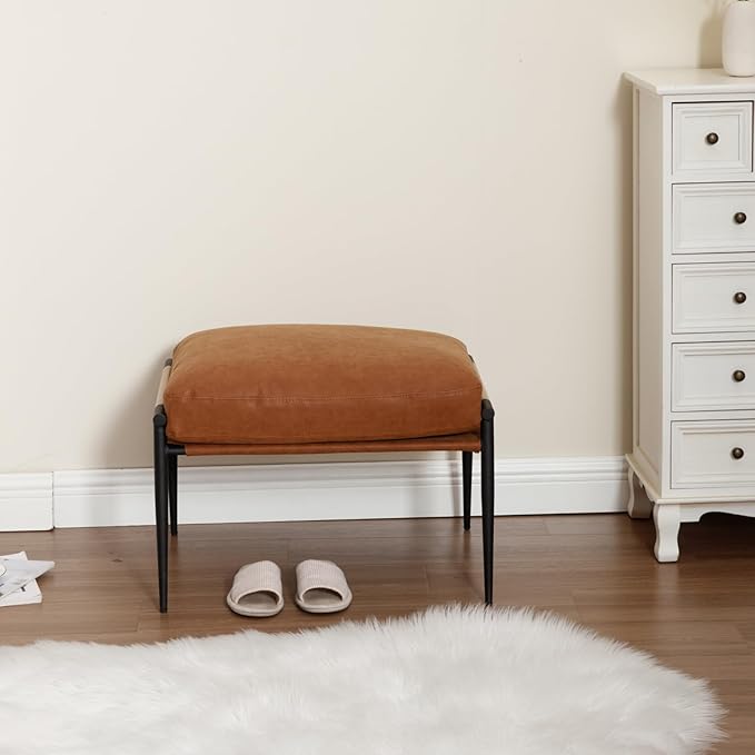 DUOMAY Cute PU Leather Single Footrest, Upholstered Footstool with Black Metal Legs Mid Century Modern Vanity Room Ottoman Shoe Stool for Living Room Bedroom Dressing Room, Brown
