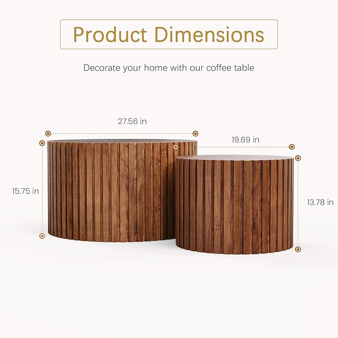 Round Coffee Table Set of 2 Modern Nesting Coffee Tables Wooden Drum Coffee Tables with Non-Slip Feet, Circle Nesting Tables End Table for Living Room Office, No Assembly (Brown 27.56"+19.69")