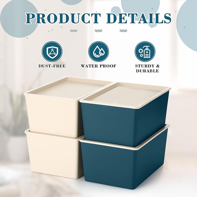 Menkxi 4 Pcs Storage Bins with Lids Plastic Containers Stackable Storage Box Baskets for Organizing Shelves(Beige, Blue,Small)