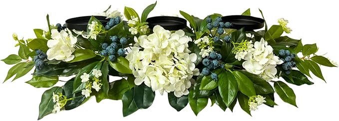 All Season Candle Holder Centerpiece for Table with Artificial Blueberry,White Hydrangea and Eucalyptus Leaf for Table Centerpiece Decor,Dining Room,Party Home Decor