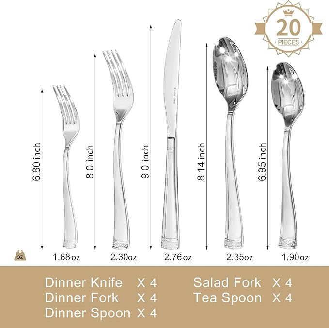 KINGSTONE Silverware Set, 20-Piece Flatware Set for 4, 18/10 Stainless Steel Cutlery Set with Bead Edge, Utensil for Kitchen, Home, Party, Wedding, Mirror Polished, Dishwasher Safe, Featured Gifts