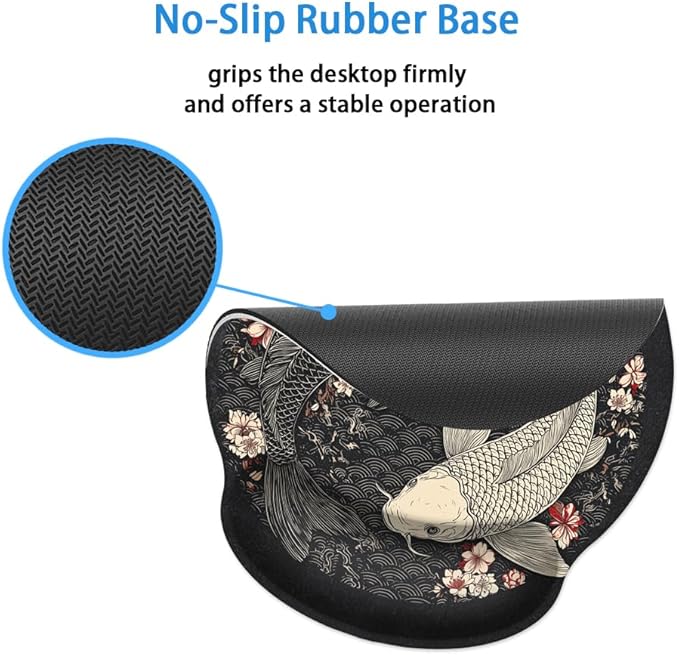 Mouse Pad with Wrist Support, Ergonomic Mouse Pad with Memory Foam Wrist Rest Cushion, Non-Slip Rubber Base Gaming Mice Pad for Home Office Computer Laptop,Koi Fish