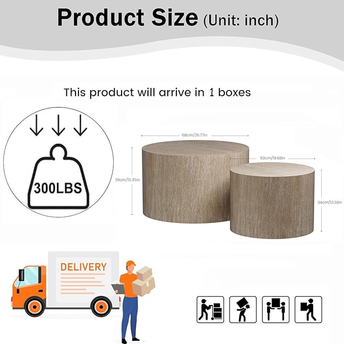 Modern Round Wooden Nesting Coffee Table Set of 2 Circle Tables with Non-Slip Feet, Accent Side End Table, Saving Space Design and No Need Assembly (B Large)