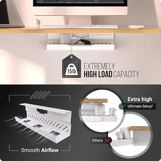 Under Desk Cable Management Tray no Drill – Wire Management - Cord Organizer – Huge Load Capacity – Under Desk Cable Tray no Drill (White, 1 Piece Set)