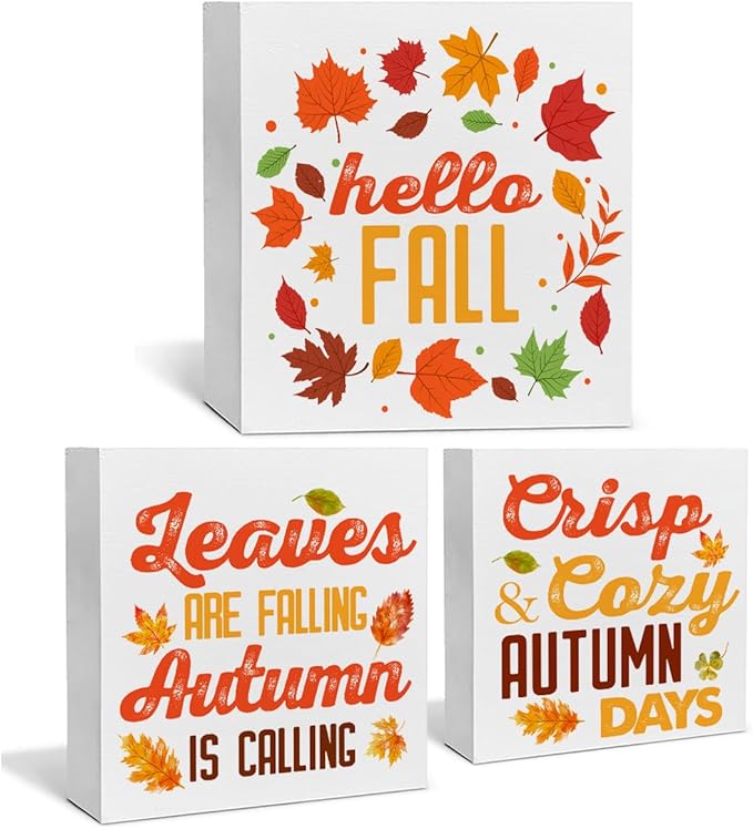 3 Pcs Fall Tiered Tray Decor Hello Fall Sign Home Decorations Autumn Theme 3 Pcs Wood Decorative Signs for Table Desk Shelf Wall