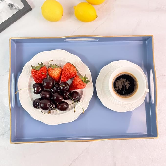 Blue Serving Tray with 4 Handles, Plastic Decorative Tray for Coffee Table, Ottoman - Ideal for Living Room & Bathroom. 15” x 11” x 1.9”