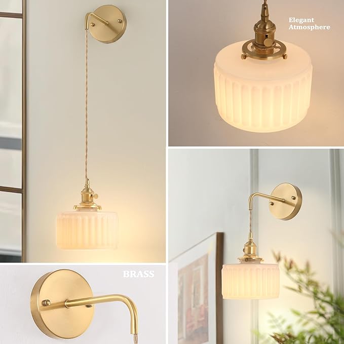 Battery Operated Wall Sconce with White Striped Shade Pattern Glass Adjustable Chain Retro Wall Mounted Light, Modern Wall Lamp Fixtures Decor for Bedside Bedroom Indoor Doorway，Set of 2