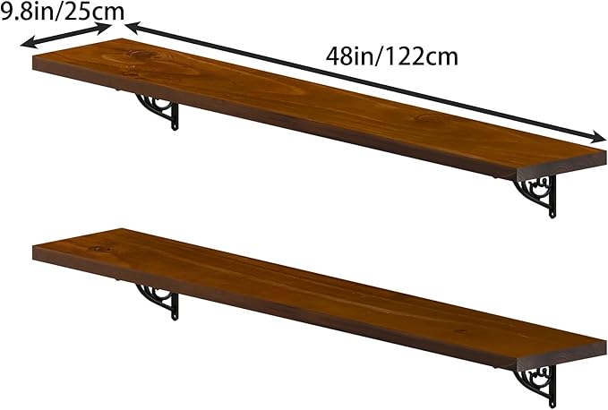 48 inch Long Floating Shelves for Wall,Solid Pine Wood Long Wall Shelves Set of 2,Walnut Color Bookshelf with Retro Iron Brackets for Living Room,Kitchen,Bathroom