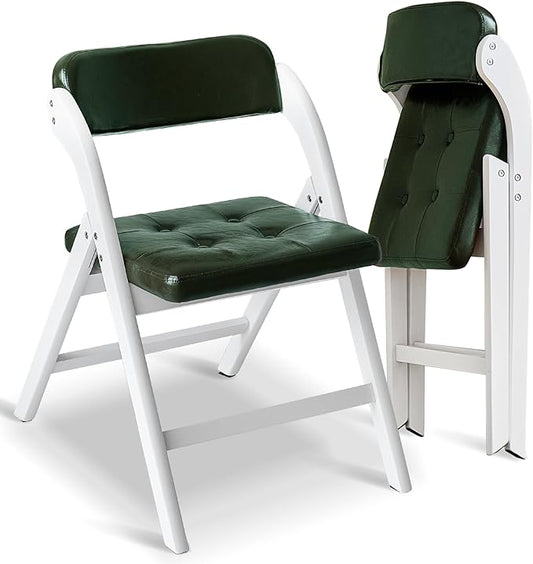 Padded Folding Chairs with Cushion, Stackable Wooden Foldable Chair Set of 2, Padded Folding Chairs with Cushion for Guests Kitchen, Office, Wedding, Picnic, Party Chair (White Green)