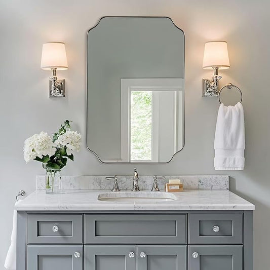 ANDY STAR Chrome Scalloped Mirror, 26x38 Inch Polished Chrome Rectangle Mirror, Unique Bathroom Mirror with Scalloped Edge Design, Rust-Proof Stainless Steel 1’’ Frame, Home Decor