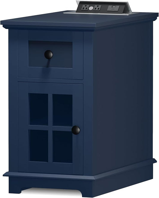 HIFYOBRO End Table with 1 Drawer, Storage Side Table with Flip Top Charging Station, Type-C & USB Port & Power outlets, Wooden Storage Cabinet for Bedroom/Living Room