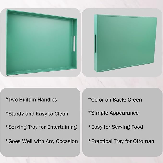 Green Serving Tray for Coffee Table, Rectangular Plastic Decorative Tray with Handles for Entertaining, Outdoor Patio, Living Room, Ottoman, Bathroom Counter, 11.8”*15.7”*1.6”