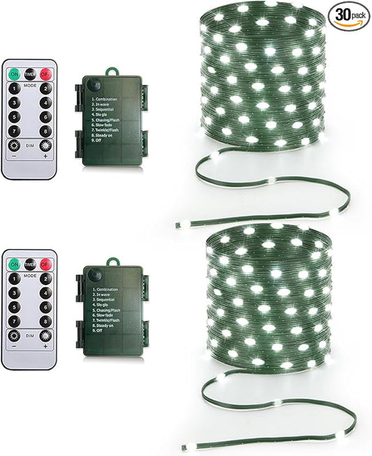 33ft Battery Operated String Lights (2 Pack), 100 LED Fairy String Lights Battery Powered w/Remote & Timer for Indoor Outdoor Christmas Trees Wreath Decoration Bedroom Patio - Cool White