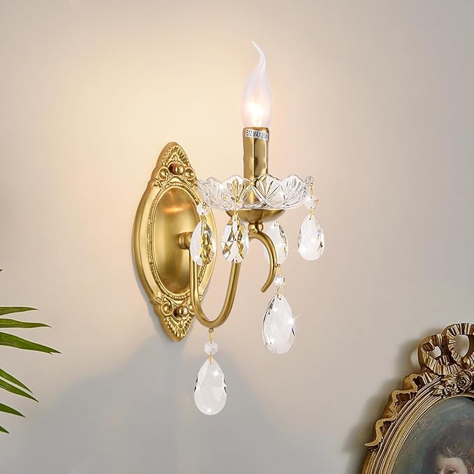 Vintage Wall Sconces, Gold Wall sconces Gold Crystal Wall Light, 1-Light Wall Lighting with Crystal Glass Shade, Matte Brushed Antique Brass Finish, Wall Lamp for Bathroom,Hallway(E12 Base)