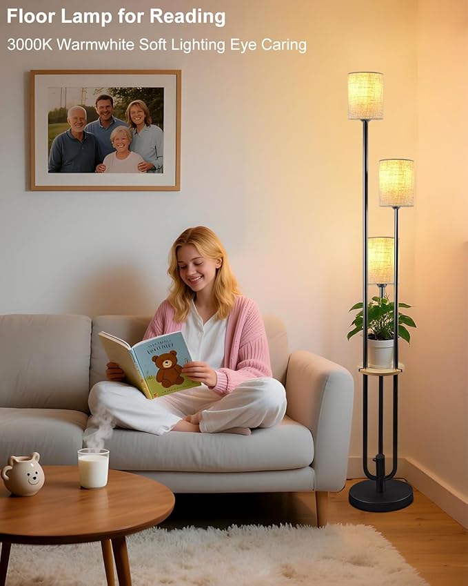 63IN Dimmable Floor Lamp with Shelf, Unique Black Tall Standing Lamps with Table, 3000K Warmwhite Mid Century Modern Floor Lamp for Living Room/Bedroom (Bulbs Included)