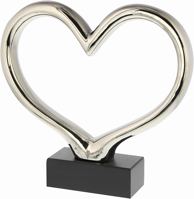 Deco 79 Ceramic Heart Decorative Sculpture Home Decor Statue with Black Base, Accent Figurine 13" x 3" x 12", Silver