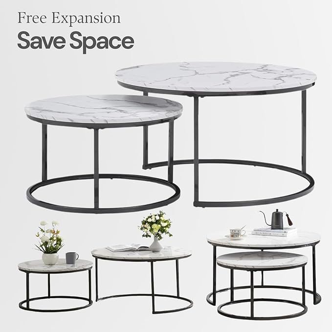 Round Coffee Table, Circle Nesting Coffee Tables for Living Room, Small Dining Center Space Saving Living Room Small Tables, Modern Center Table Dining,Modern Home Furniture White