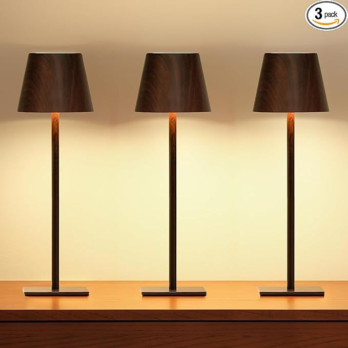 UME 3 Pack Cordless Table Lamp, Battery Operated Lamp - Portable Waterproof Rechargeable Table Lamp w/ 3 Color Temps & Stepless Dimming for Dinner, Desk, Cafe, Outdoor (Woodgrain)