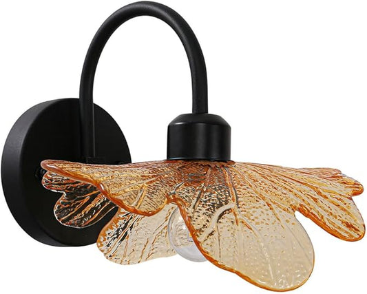 Black Wall Sconce 1-Light Black Bathroom Vanity Light Over Mirror, Modern Wall Light Fixture with Amber Glass Shade Flower Art Deco Wall Sconce Bedroom Wall sconces for Bedroom Hallway Living Room