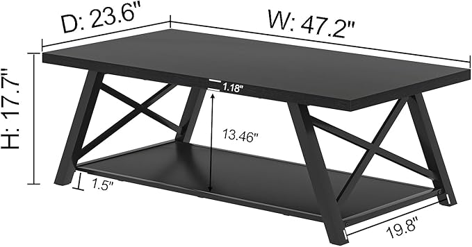 EXCEFUR Black Coffee Table, Modern Wood and Metal Center Table with Storage Shelf, Industrial Rectangle Cocktail Tea Table for Living Room, 47 Inch