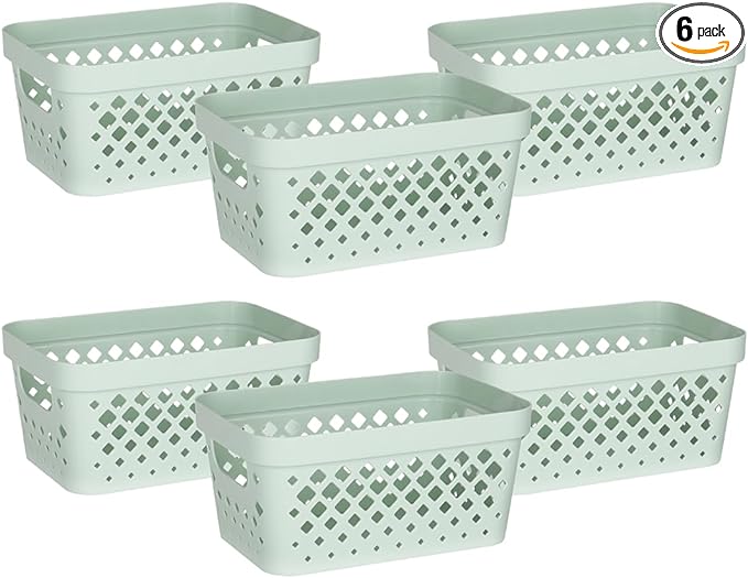 Glad Plastic Baskets for Organizing, Set of 6 | Pantry Storage for Under Counter, Linen Closet, and Bathroom | Nesting Shelf Bins with Handles, 1 Gallon, Sage