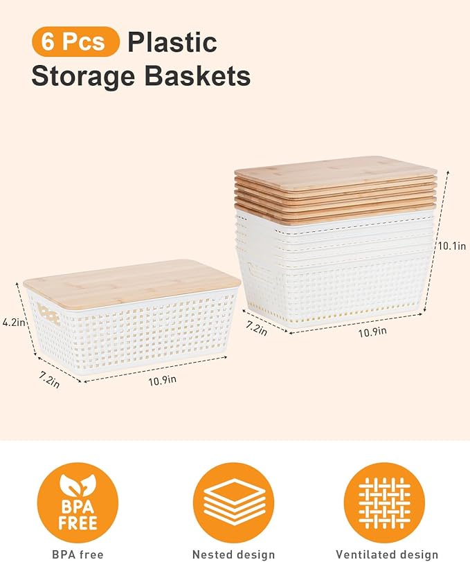 Storage Bins with Lids 6 Packs, Plastic Storage Bins with Bamboo Lids for Pantry Organization and Storage Containers for Shelves Drawers Desktop Closet Playroom Classroom Office Home, White