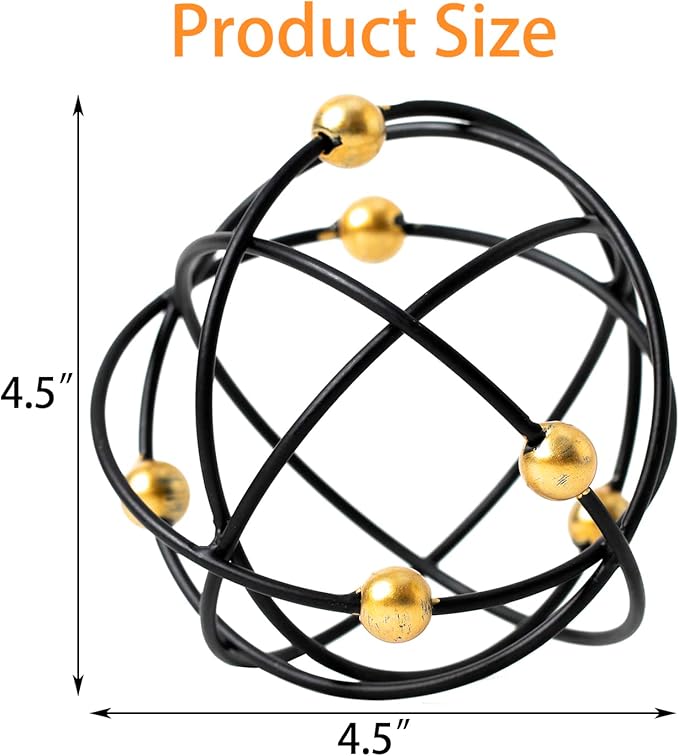 4.5" Modern Geometric Table Decor, Metal Decorative Sphere, Stylish Black Sculpture with Gold Balls, Table Decor Iron Orbs for Home Living Room Bedroom Office