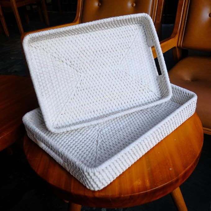 White Wash Rectangular Wicker Serving Tray | Set of 2 | Handmade Woven Rattan Storage Basket | Decorative Coffee Tabletop Tray - (L- 15.4"" x2.4 M- 13.7"" x 2"")