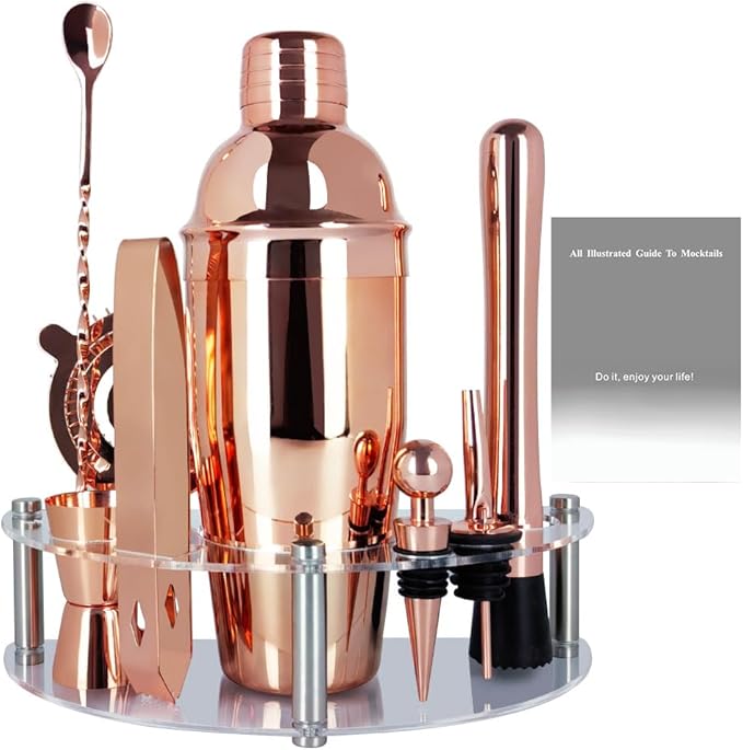 Cocktail Shaker Set with Stand, Cocktail Shaker Bartender Kit: Bar Tool Set, Drink Mixing Includes Martini Shaker,Strainer,Jigger,Bar Mixer Spoon,Muddler, Pourer, Bottle Stopper (Rose Gold)