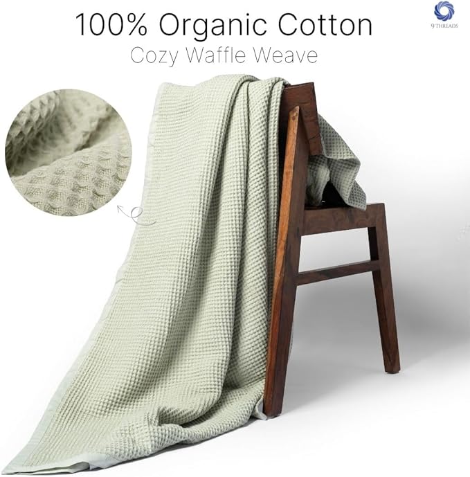 GOTS Certified Organic Cotton Waffle Weave Blanket, Twin Bed, 66"X90"Cozy Throw Blanket for Couch, Modern Home Decor, Throw Blankets, Comfy Waffle Blanket Soft Bed Blankets -Sea Foam