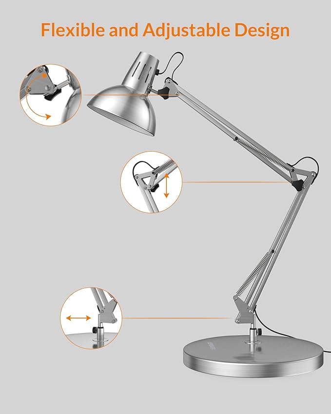 LEPOWER Metal Desk Lamp, Adjustable Goose Neck Architect Table Lamp with On/Off Switch, Swing Arm Desk Lamp with Clamp, Eye-Caring Reading Lamp for Bedroom, Study Room &Office (Silver)