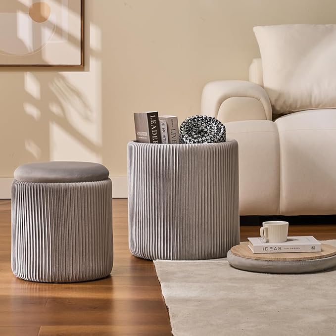 Round Set of 2 Ottoman with Storage-Upholstered Velvet Vanity Stool for Makeup Multifunctional Ottomans Coffee Table Padded Seat Foot Rest for Living Room&Bedroom (Ligth Grey)