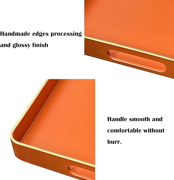 Serving Tray with Gold Trimming, Square Decorative Serving Trays with Handles, Coffee Table Tray Plastic Tray for Ottoman Living Room, Bathroom,Home Decor 13" L x 13" W x 1.57" H(Orange)
