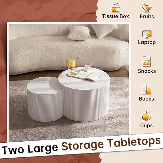 Round Nesting Coffee Table Set of 2 Modern White Fluted Coffee Table Small Round End Table Crescent Side Table Circular Coffee Tables Nested Coffee Tables for Living Room (Cream Small)