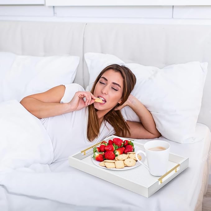 White Leather Decotative Coffee Table Tray,Modern Large Ottoman Tray Rectangle Serving Tray with Handles for Living Room Party