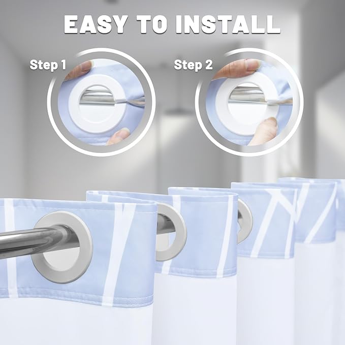 No Hook Ombre Blue Striped Shower Curtain with Snap in Liner Set - Hotel Shower Curtain and Liner Set with See Through Mesh Top Window,Machine Washable, 71x74 INCH