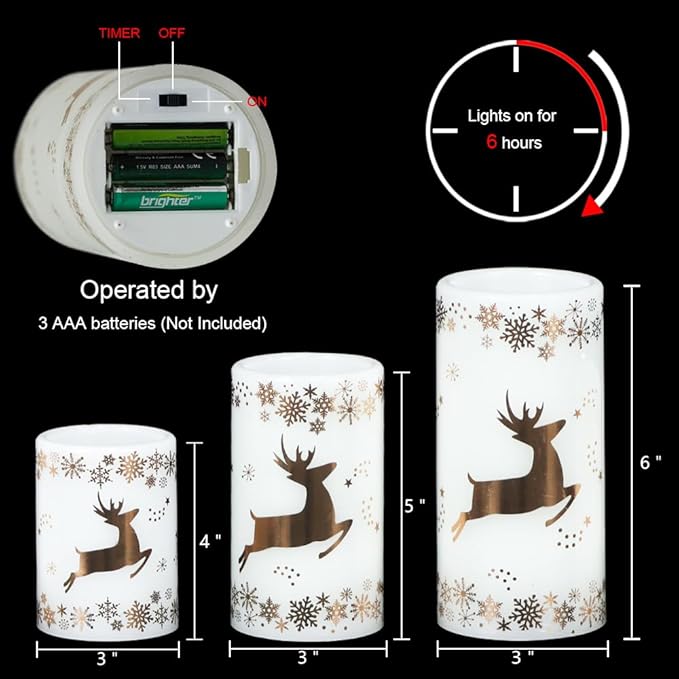 DRomance Gold Deer Flameless Flickering Candles Battery Operated with 6H Timer, 3 Pack Real Wax Warm Light LED Pillar Candles Dinner Tabletop Holiday Centerpiece Decor 3" x 6"
