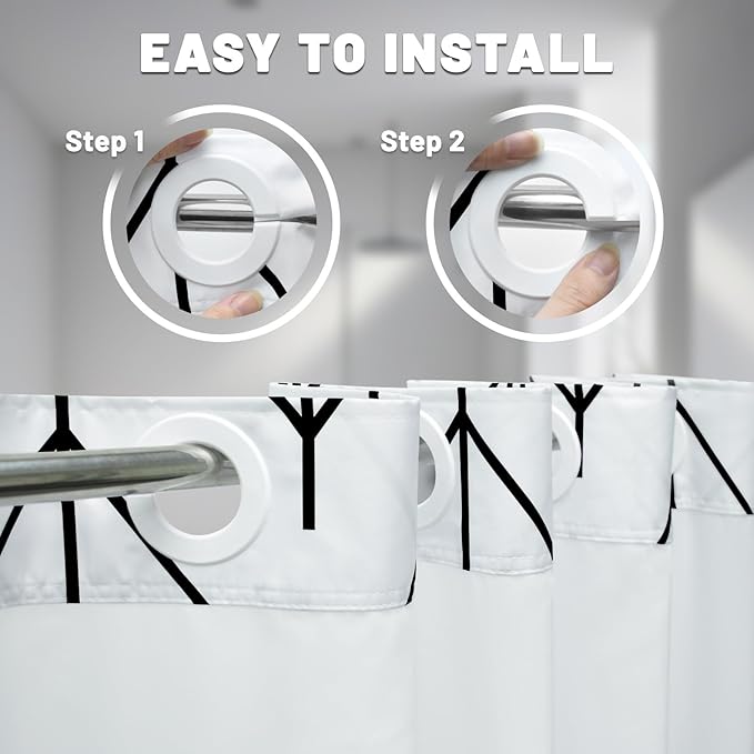 No Hook Geometric Striped Shower Curtain with Snap in Liner Set - Hotel Shower Curtain and Liner Set with See Through Mesh Top Window,Machine Washable, 71x74 INCH - Black & White Herringbone