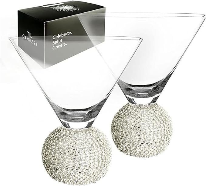 Stemless Martini Glasses Set of 2, Silver Stemless Modern Cocktail Glass, Crystal Ball Base in Elegant Box, Perfect Bar Accessories for Margarita, Manhattan, Cosmos, Mixed Drinks, and Desserts