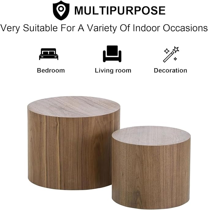 Nesting Coffee Table Set of 2, Modern Round Side Tables with Non-Slip Feet, Walnut Wooden Accent Table, Circle End Tables, Minimalist Table for Small Space Living Room Bedroom Balcony