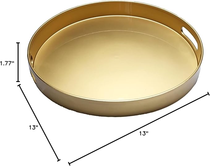 Spsyrine Round Gold Decorative Tray, 13" Plastic Serving Table Tray with Handles for Breakfast, Round Modern Ottoman Tray for Coffee Table, Bathroom, Kitchen, Living Room