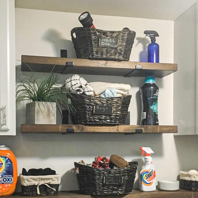 Rustic Shelves with J-Brackets Set of 2, Industrial Shelf, Kitchen Shelves, Solid Wood, Decorative Wall Storage, Heavy Duty, URBANDI (Dark Brown, 12Wx6D)