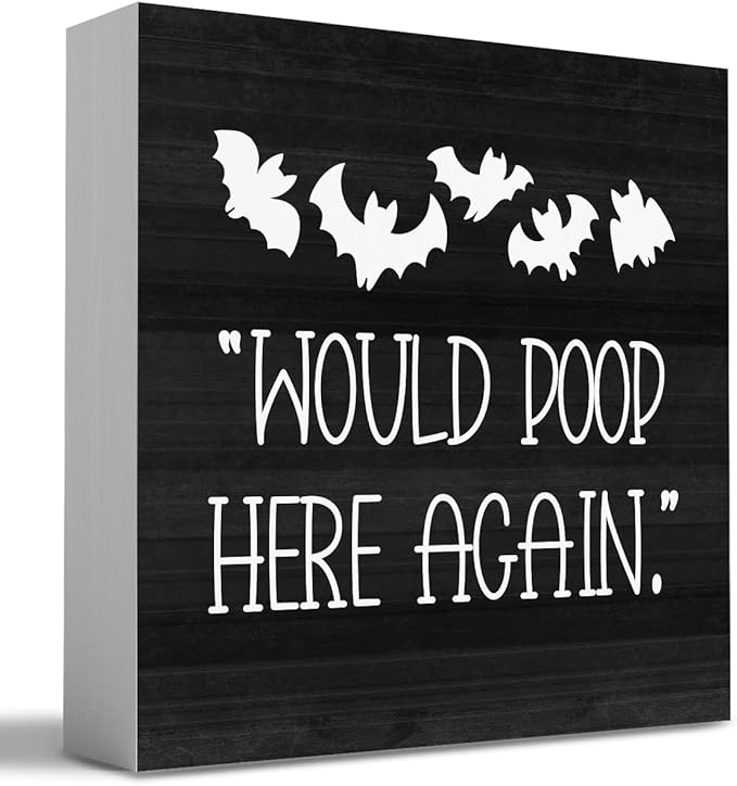 HTBIG Halloween Funny Bathroom Wooden Box Bat Decor Would Poop Here Again Humorous Restroom Decor Place it on a Bathroom Corner Shelf to Create a More Cheerful Ambiance 5 x 5 Inch