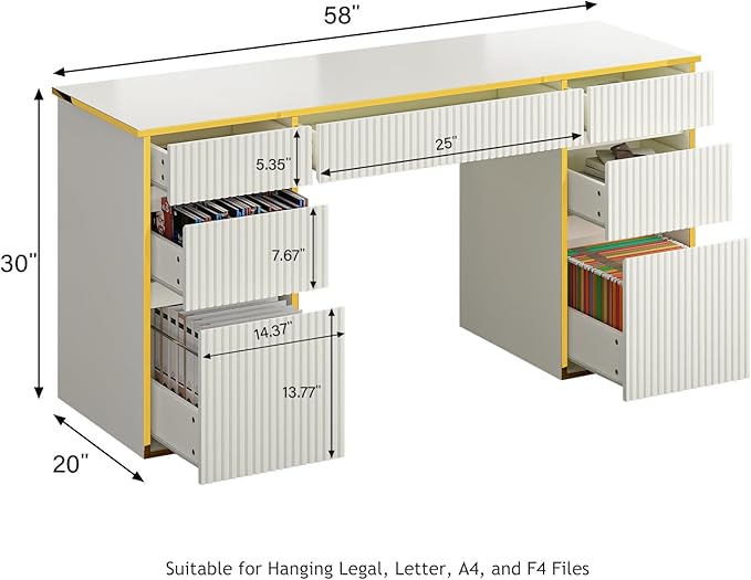 58 Inch White Desk with Drawers, Home Office Desk with 7 Drawers, Fluted Computer Desk with File Drawers for Study, White and Gold Executive Desk for Living Room, Bedroom