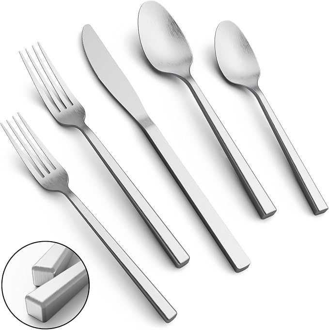 Cubic 20-Piece Silverware Set, Flatware Set Stainless Steel, Modern Cutlery Set, Service for 4, Matte Finish Forged Dishwasher Safe