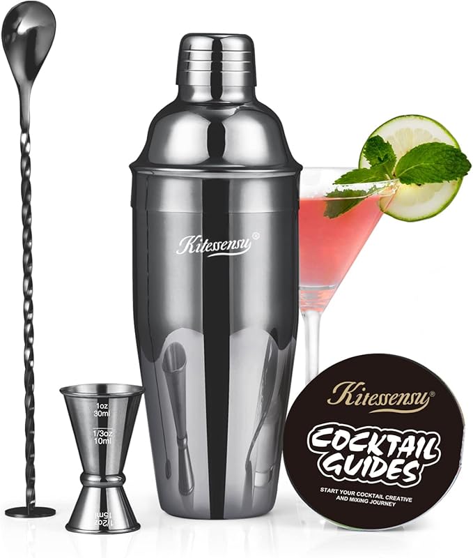 KITESSENSU Cocktail Shaker Set, Stainless Steel Martini Shaker Set with 24 Ounce Cocktail Mixer with Drink Shaker, Measuring Jigger, Bar Spoon & Drink Recipe Guide, Black